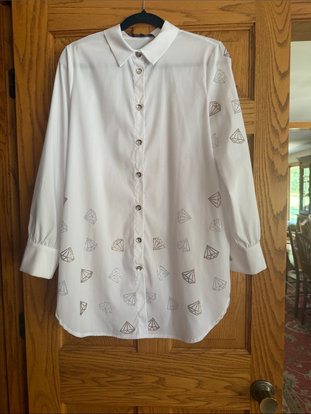 Tunic blouse white with gold and silver sequin diamond accents